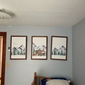 Selling 3 wood framed woodland nursery pictures for nursery or child’s room.